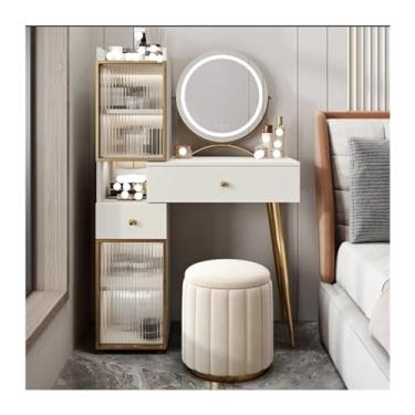 Imagem de YAYAOVP-24927 Mesa de penteadeira com espelho e conjunto de cadeira, penteadeira branca, penteadeira com mesa de cabeceira e prateleiras de vidro, conjunto de penteadeira com gavetas de armazenamento