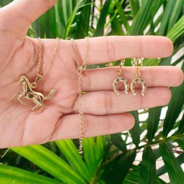 Imagem de Conjunto Colar E Brinco Cavalo Ferradura Folheado a Ouro 18k - Milena 