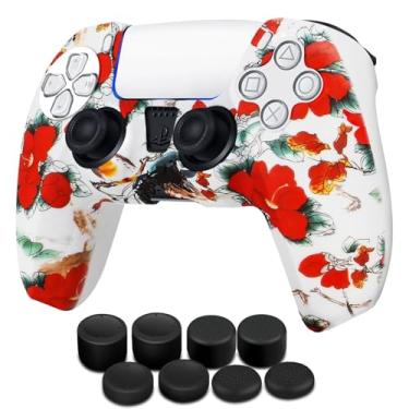 Imagem de TNP Capa para controle de silicone para PS5 capa dupla + conjunto de 8 punhos para polegar Sony PlayStation 5 Skins acessórios flor vermelha com aderência texturizada ergonômica