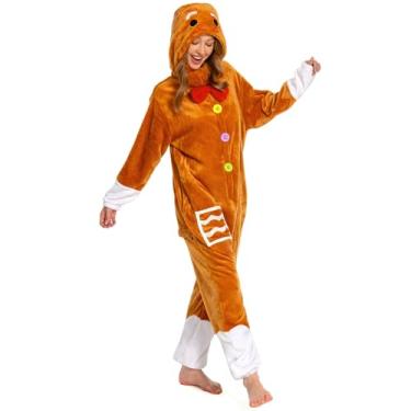 Imagem de OLAOLA Fantasia de Natal unissex para adultos, pijama de pelúcia de Papai Noel, rena, boneco de neve, boneco de neve, peça única, Biscoito de gengibre, Large
