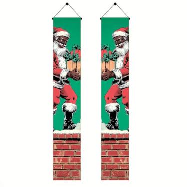 Imagem de BlissYard Banner de porta de Natal 30,5 x 188 cm preto Papai Noel caixa de presente chaminé multicultural feriado varanda pendurado interno externo porta frontal faixa vertical decoração de festa