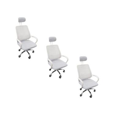 Imagem de Kit 3 Cadeiras Escritório Diretor Tela Mesh Com Encosto De Cabeça Branco