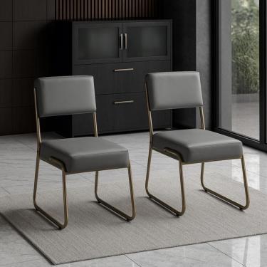 Imagem de Kit 2 Cadeiras Decorativa Sala De Estar Cozinha Jantar Flórida Couro Sintético Cinza Tubo Champagne