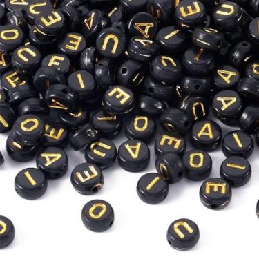 Imagem de XIENBAOFU 100 peças de contas de acrílico ouro preto A-Z contas redondas do alfabeto para joias, pulseira, colar, chaveiro, faça você mesmo, 4 x 7 mm (AEIOU-500 peças)