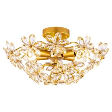 Imagem de TOCHIC Luminária de teto de montagem embutida, candelabro de cristal dourado semi embutido luz de teto 45,7 cm lustres contemporâneos de 6 luzes para quarto, sala de estar, entrada e banheiro