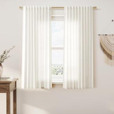 Imagem de Cortinas de cozinha brancas transparentes de linho, bege, 137 cm de comprimento, 2 painéis, gancho de aba traseira, cinto semitransparente, mini curta, moderna, cortina grossa e macia, cortinas