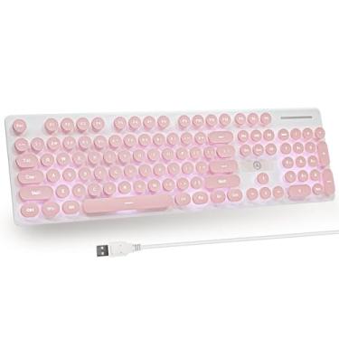 Imagem de iTastatur Teclado de máquina de escrever Punk Gaming Retro de 104 teclas LED branco retroiluminado com USB com fio, adequado para PC/Win/Mac/Laptop Teclado de Computador (Rosa)