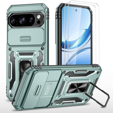 Imagem de Capa para Google Pixel 10/10 Pro com capa de câmera deslizante + protetor de tela (2 pacotes), anel giratório com suporte militar capa protetora à prova de choque (verde)