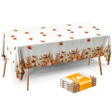 Imagem de ATFUNSHOP Toalha de mesa de outono de Ação de Graças com 4 pacotes de toalha de mesa descartável de plástico 54 x 108 capa de mesa retangular com folha de abóbora e bordo para decorações de jantar