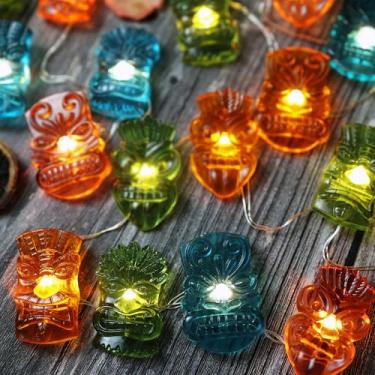 Imagem de Luau havaiano e decorações de festa de verão, 2 m, máscara Tiki de 20 peças, luzes de cordão de LED, luzes tropicais à prova d'água operadas por bateria para quintal, varanda, pátio, piscina, jardim
