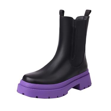 Imagem de sun gurg Botas femininas Chelsea cano médio salto baixo plataforma grossa sem fecho, Roxo, preto, 7