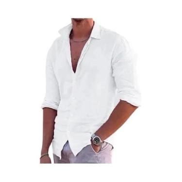 Imagem de Camisa Masculina De Manga Comprida Verão Praia Cor Pura Colarinho Ao A