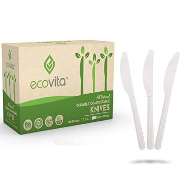 Imagem de Ecovita 100% Compostable Knives - 140 Large Disposable Utensils (7 in.) Eco Friendly Durable and Heat Resistant Alternative to Plastic Knives with Convenient Tray