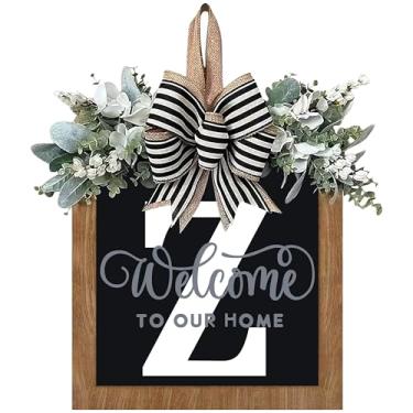 Imagem de Guirlanda de porta da frente com sobrenome de 35 cm, guirlanda de porta de boas-vindas com 26 letras para porta da frente externa, guirlanda de boas-vindas e eucalipto e laço adequado para todas as