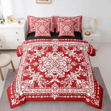 Imagem de Manfei Jogo de cama Queen com edredom boêmio, estilo exótico, damasco barroco vitoriano, 7 peças, para crianças, meninas, meninos, estilo exótico, flores, poliéster, branco e vermelho