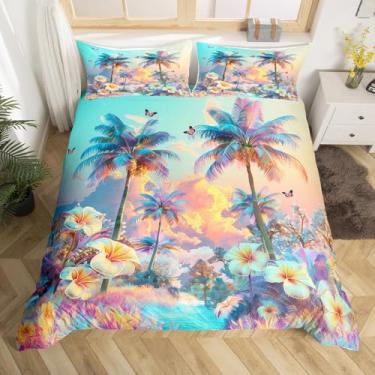 Imagem de Manfei Conjunto de capa de edredom Plam Trees Queen, conjunto de cama de verão com flores e borboletas, 3 peças, capa de edredom com tema tropical, decoração de quarto de crianças, meninos e meninas
