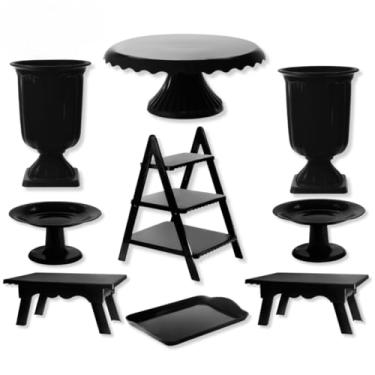 Imagem de Kit DecoraçãO De Festa Com Escadinha - Boleira Renda , Mini Cake, Vasos Gregos, Mesinhas, Bandeja | ComposiçãO Elegante(Preto)