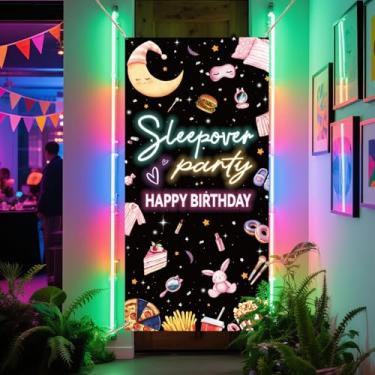 Imagem de arricraft 1 peça, capa de porta de poliéster de feliz aniversário, faixa de fundo de festa do pijama rosa, placa de varanda para foto de fundo para varanda escolar, acessórios de decoração de casa