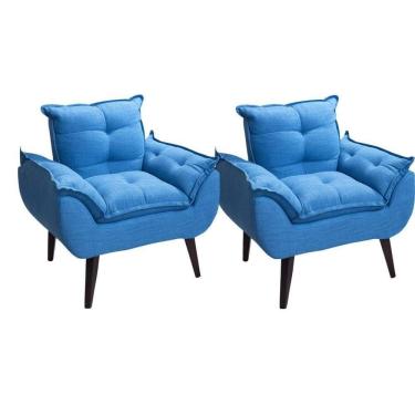 Imagem de Kit 02 Poltrona/cadeira Decorativa Glamour Opala Com Pés Quadrado Azul Linho