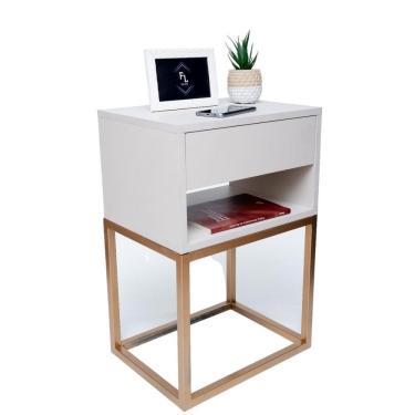 Imagem de Kit 2 Mesas Cabeceira Industrial Off White 30Cm Base Dourada