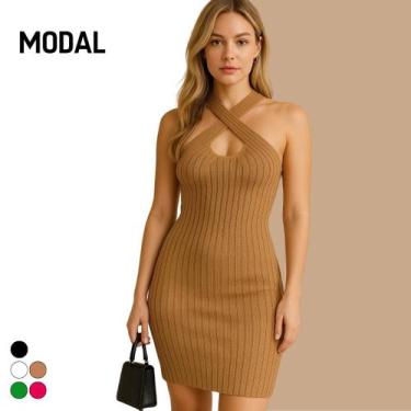 Imagem de Vestido Curto Tricot Modal Decote Cruzado - Vitrine Collection, Carame
