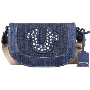 Imagem de True Religion Bolsa tiracolo feminina, mini bolsa de ombro com aba e ferradura cravejada, jeans escuro