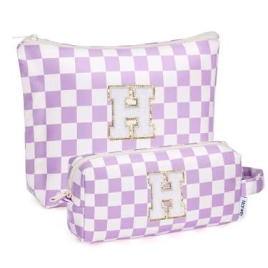 Imagem de Narwey Bolsa de maquiagem com inicial personalizada, 2 peças, xadrez, presentes de aniversário, presentes para meninas, coisas modernas, 6, 8, 10, 11, 12, 13, 14, 16, 18 anos, bolsa de higiene pessoal