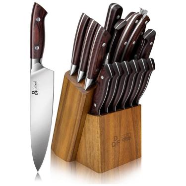 Imagem de Conjunto de Facas em Aço Inoxidável com Bloco de Bancada e Cabo Ergonômico, 16 Peças, DDF iohEF, Marrom Escuro