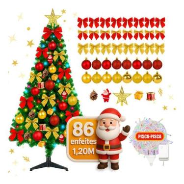 Imagem de Kit Árvore Natal Grande 1,20 metros Decorada Completa Cheia Pisca - Ri