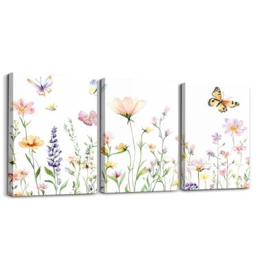 Imagem de jejeloiu Arte de parede floral infantil em tela para sala de estar quarto borboleta decoração de parede para banheiro flores meninos meninas arte pôsteres pintura de flor 30,5 x 40,6 cm x 3 peças