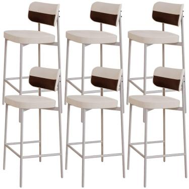 Imagem de Kit 06 Banquetas Alta Bar Cozinha Sala De Jantar Aço Branco Kaira C01 Linho Palha Courino Whisky - Lyam Decor