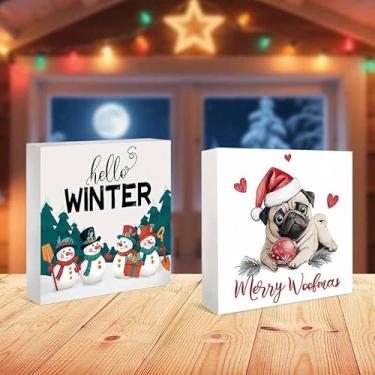 Imagem de 2 peças de placas e placas decorativas de PVC Feliz Natal, design de pug e boneco de neve, decoração ideal para casa, escritório, adequado para aniversário, formatura, Dia das Bruxas, Ação de Graças