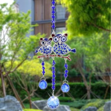 Imagem de 1 peça de prismas de cristais de corujas para janela suncatchers, peças de lustre, pingentes de arco-íris, pingente de apanhador de sol de folhas e lágrimas, pingente de vento azul