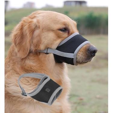 Imagem de Focinheira para cães, capa de boca respirável com gancho e laço ajustáveis para respiração de malha respirável para cães de tamanho médio e grande (cinza, G)