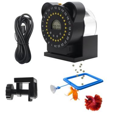 Imagem de YQMIGU Alimentadores de peixes para aquários, visor LCD, alimentador automático USB, até 24 mamadas por dia, com recipientes de alimentos de capacidade de 280 ml, anel de alimentação de peixe