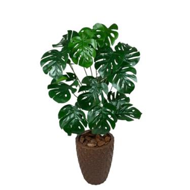 Imagem de Planta Artificial Costela de Adão com Vaso de Polietileno e Casca de Pinus – Folhagem Realista para Decoração de Sala(Vaso Marrom + Adão)