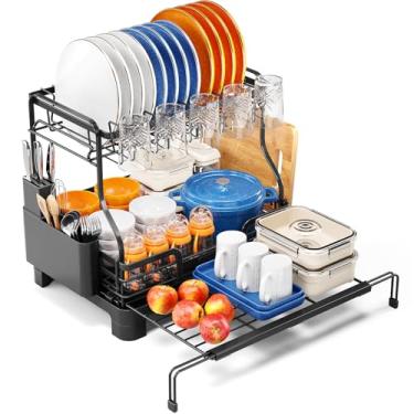 Imagem de Urackify Escorredor de louça expansível de 2 camadas para balcão de cozinha, escorredor de pratos grande sobre a pia com escorredor e suporte de copo, organizador de louças multifuncional 3 em 1