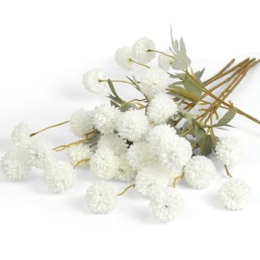 Imagem de Lansdowns 6 peças de pompons de seda falsos realistas, manutenção sem água, para decoração de casa e buquê de casamento, vaso de enchimento de crisântemo artificial de toque real (branco)