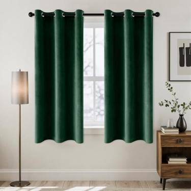Imagem de ANRODUO Cortinas de veludo verde esmeralda 113 cm de comprimento, blecaute, isolamento térmico, à prova de som, cortinas de escurecimento de quarto, cortinas de janela com ilhós para quarto, sala de