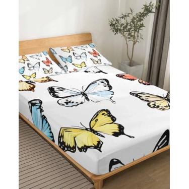 Imagem de Jogo de lençol Queen 228,6 cm x 259,1 cm, primavera verão borboletas macias e respiráveis, conjunto de cama de microfibra de borboleta de fazenda, leve, confortável, com fronha, fácil ajuste, bolso