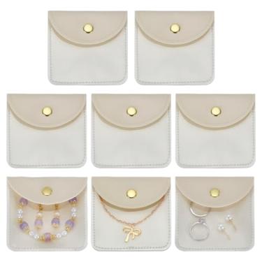 Imagem de FINGERINSPIRE 8 bolsas de joias pequenas transparentes, 8 x 8 cm, sacos de presente de couro PU e PVC quadrados brancos com botão de pressão para brincos, pulseiras e embalagens de joias para