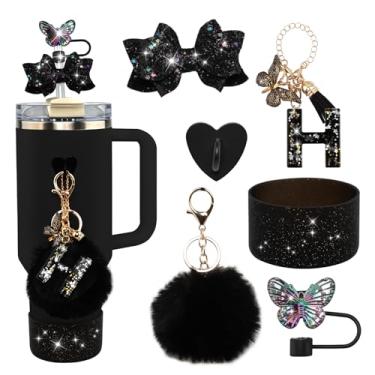 Imagem de Conjunto de 6 peças de acessórios para copos Stanley pretos - tampa de cobertura de palha de borboleta, laço brilhante para canudo, bota de silicone brilhante, pingente de letra e pompom para copos