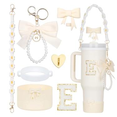 Imagem de Rabrgab Conjunto de acessórios para copo Stanley branco de 7 peças – topo de canudo com laço, pingente de laço fofo, bota de silicone com design de laço, alça de alça de garrafa de água e adesivo de