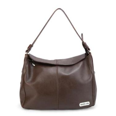 Imagem de Bolsa Feminina Couro Legitimo Sacola Hobo Média Cafe Metais Pratas Roa