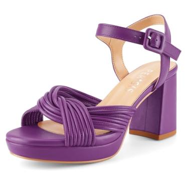 Imagem de Sandália feminina de salto plataforma grossa rosa salto bloco redondo bico aberto confortável salto confortável sandália com tiras cruzadas para mulheres, PU roxo, 39