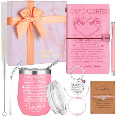 Imagem de Lyrow 6 peças To My Daughter's Gift Copo de couro rosa com tampa, caneta, chaveiro, pulseira com cartão comemorativo, caixa de presente para Natal, aniversário, formatura da mamãe