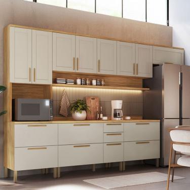 Imagem de Armário de Cozinha Americana Modulada com Balcão e Tampo 14 Portas 3 Gavetas Texas 100% Mdf Amêndoa/Off White - Pnr Móveis