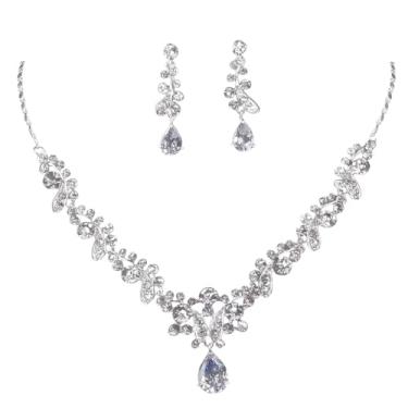 Imagem de Elegante conjunto de joias de noiva com zircônia cúbica, design de folha assimétrica, colar e brincos, pingente de gota, liga de zinco, perfeito para casamentos