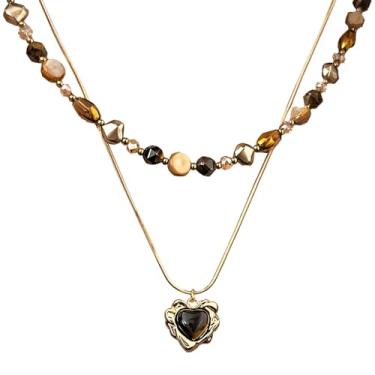 Imagem de Conjunto de 2 peças com pingente de coração em camadas para mulheres, olho, pérola sintética, corrente de elos cubanos, comprimento ajustável, colares empilhados modernos para uso diário