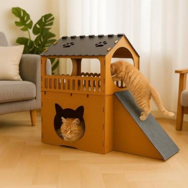 Imagem de Casa de Gato，Casa de Gato Com Arranhador，ôNibus de Dois Andares，Material de Madeira Mdf，Perfeito para o Seu Querido Animal de EstimaçãO Brincar e Descansar(Caramelo)